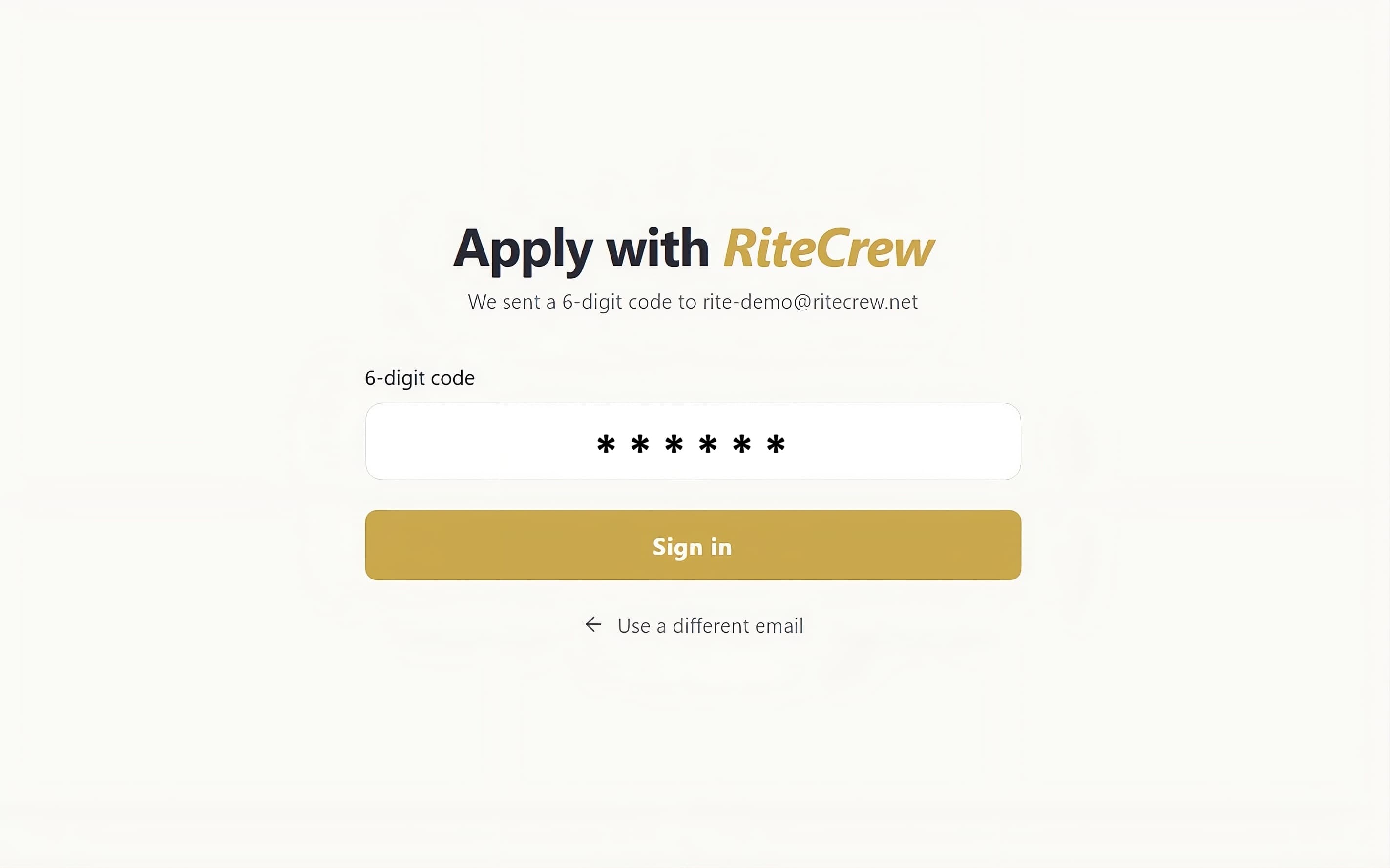 RiteCrew Apply passwordless sign-in screen where a seafarer enters the 6-digit verification code sent to their email