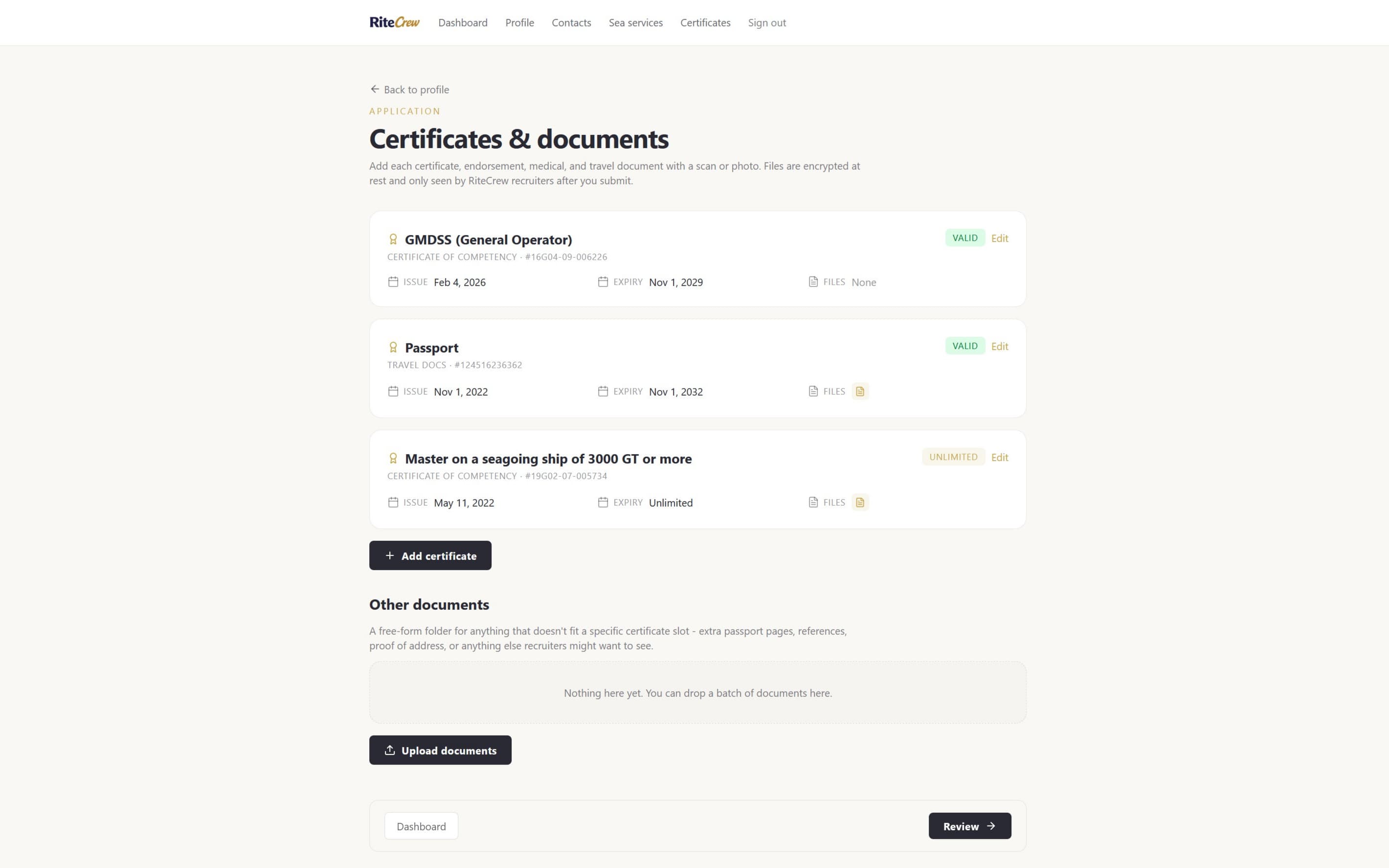 RiteCrew Apply certificate upload and sea-service record listing STCW expiry dates by vessel