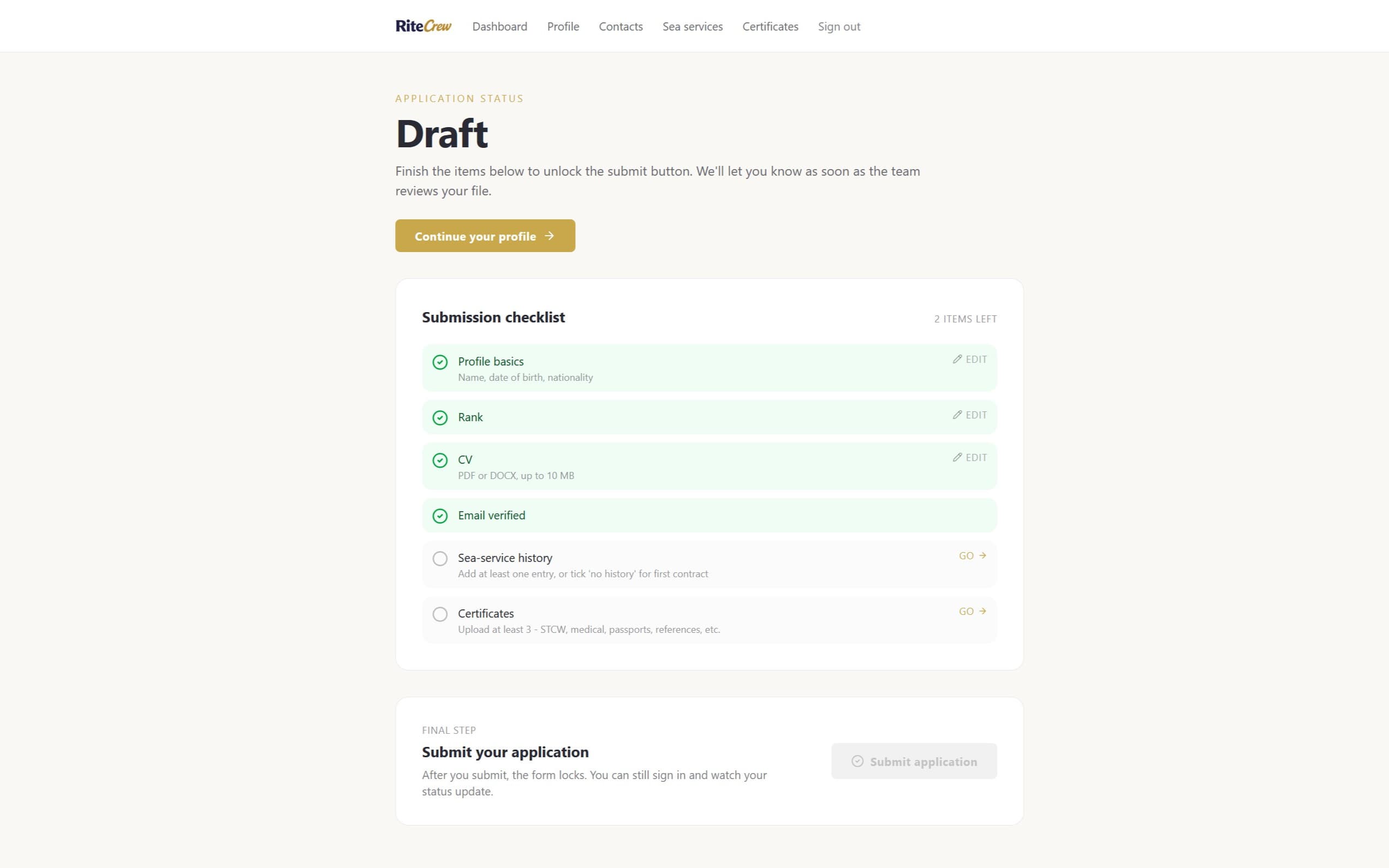 RiteCrew Apply applicant dashboard with submission checklist
