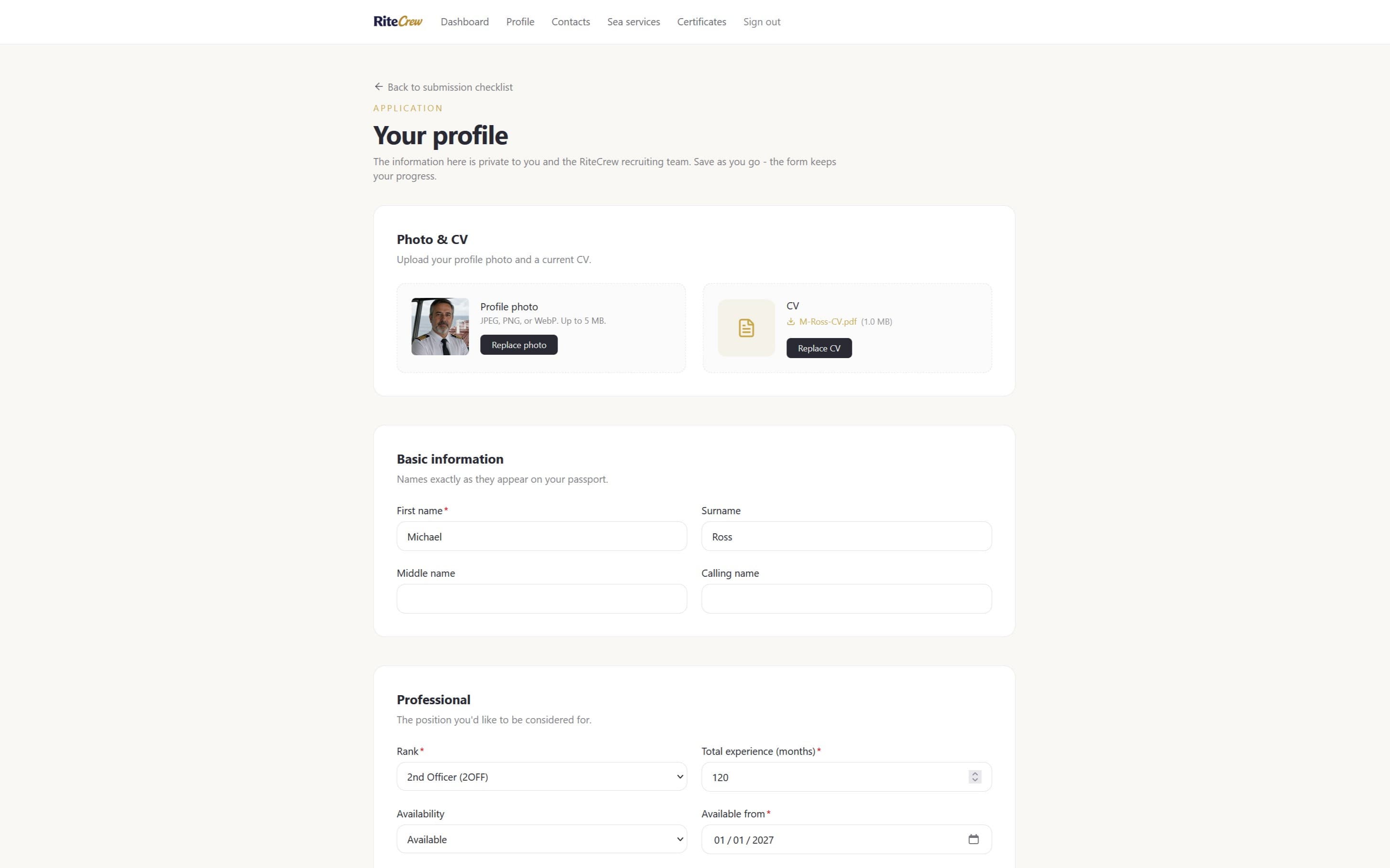 RiteCrew Apply seafarer profile form showing rank, nationality and CV upload fields