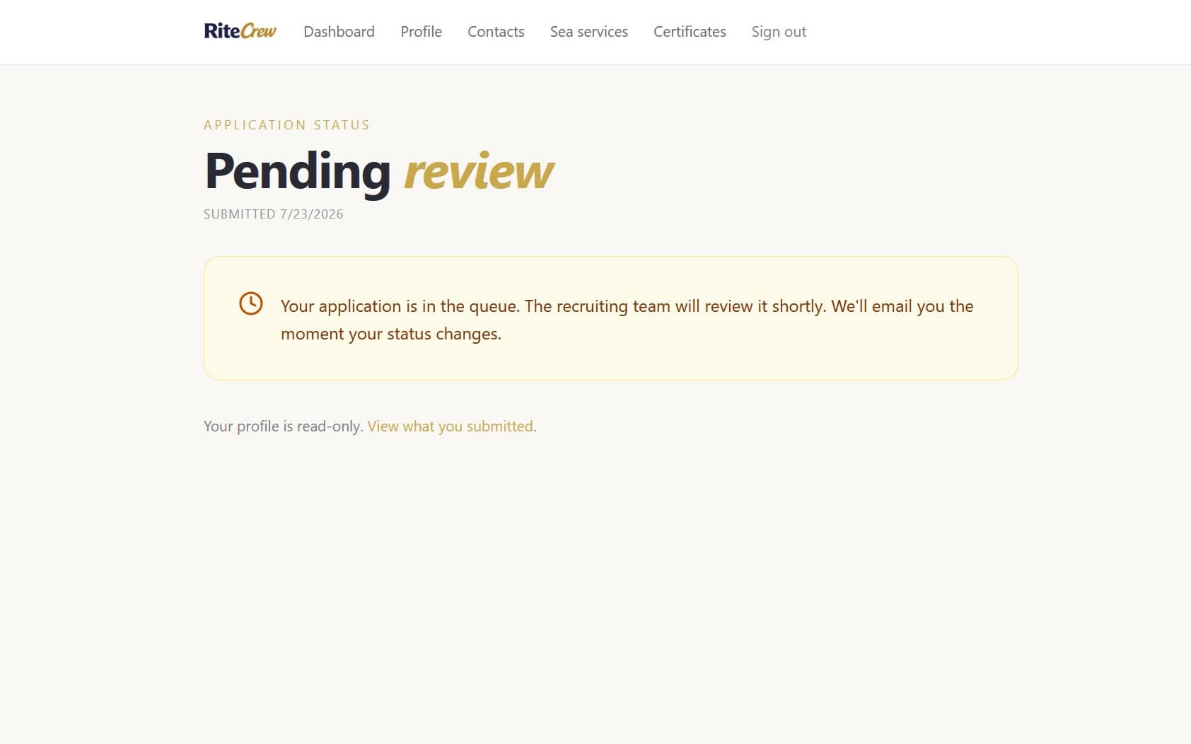RiteCrew Apply submission screen showing recruiter review queue status